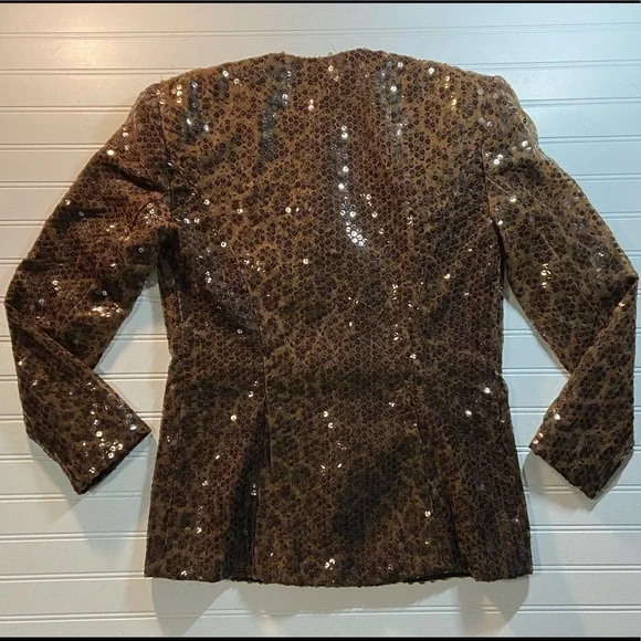 Farinae Collection Ladies 6 Lined Leopard Print Brown Sequin Jacket Made in USA - Picture 2 of 5
